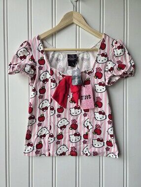 Hot Topic Hello Kitty Sanrio Pink Striped Blouse Top Apples Flowers Small Medium